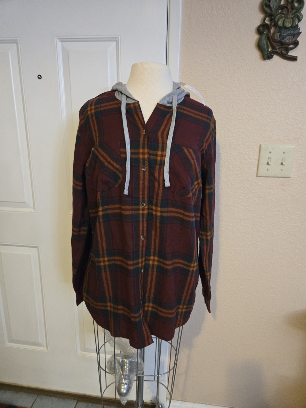 Natural Reflections Womens Hooded Flannel Long Sleeve Shirt Size L